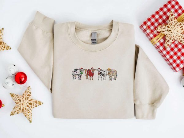 Embroidered Christmas Cow Sweatshirt, Embroidered Cows Sweater For Christmas