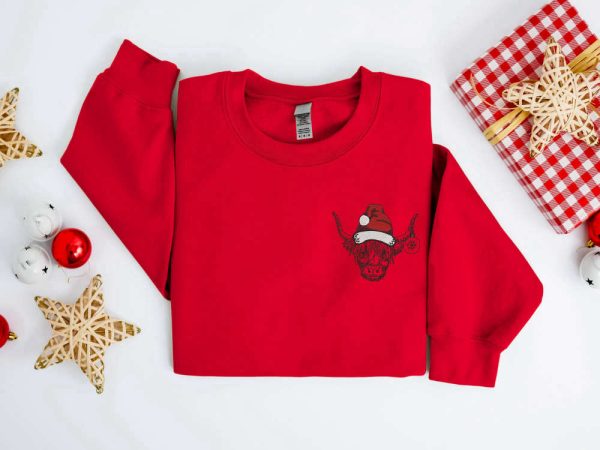 Embroidered Christmas Cow Sweatshirt Embroidered Highland Cow Santa Sweater For Family