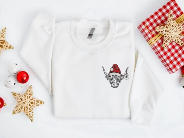 Embroidered Christmas Cow Sweatshirt Embroidered Highland Cow Santa Sweater For Family