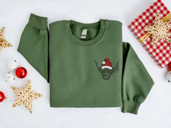 Embroidered Christmas Cow Sweatshirt Embroidered Highland Cow Santa Sweater For Family