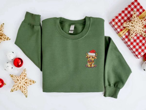 Embroidered Christmas Cow Sweatshirt, Highland Cow Santa Christmas Sweater For Family