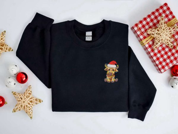 Embroidered Christmas Cow Sweatshirt, Highland Cow Santa Christmas Sweater For Family