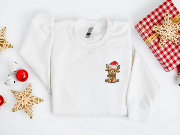 Embroidered Christmas Cow Sweatshirt, Highland Cow Santa Christmas Sweater For Family