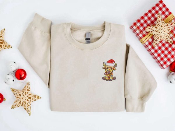 Embroidered Christmas Cow Sweatshirt, Highland Cow Santa Christmas Sweater For Family