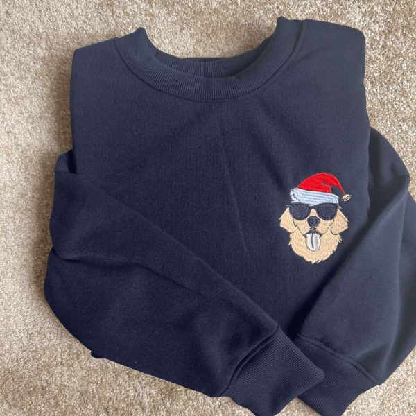 Embroidered Christmas Dog Sweatshirt, Golden Dog Christmas Sweatshirt For Family