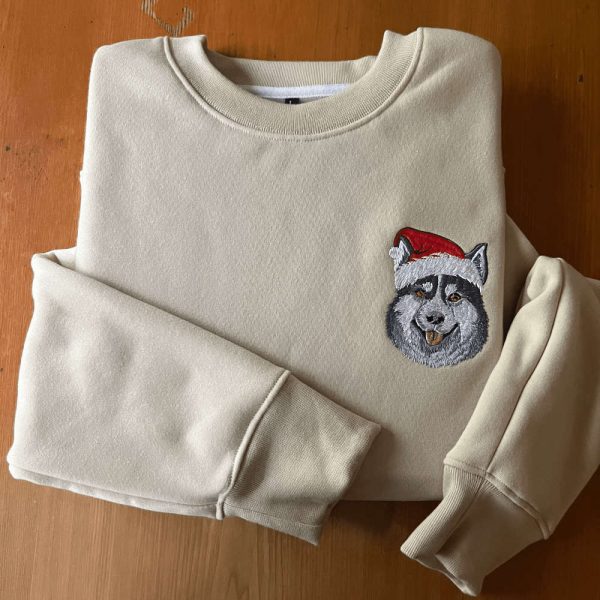 Embroidered Christmas Dog Sweatshirt Siberian Husky Christmas Sweatshirt For Family