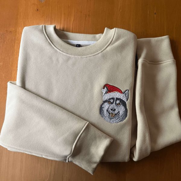 Embroidered Christmas Dog Sweatshirt Siberian Husky Christmas Sweatshirt For Family