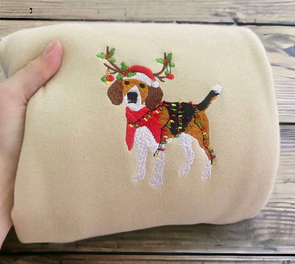 Embroidered Christmas Dog Sweatshirt, Beagle Reindeer Santa Dog Sweatshirt For Family