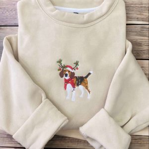 Embroidered Christmas Dog Sweatshirt, Beagle Reindeer…