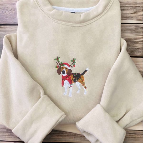 Embroidered Christmas Dog Sweatshirt, Beagle Reindeer Santa Dog Sweatshirt For Family