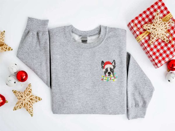 Embroidered Christmas Dog Sweatshirt, Boston Terrier Dog Christmas Sweater For Family