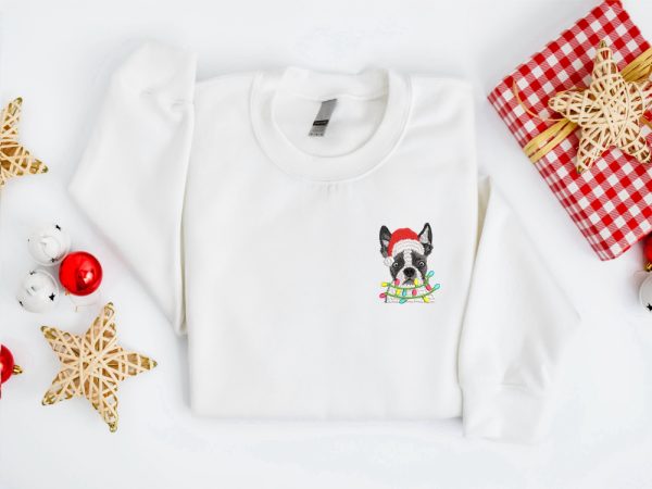 Embroidered Christmas Dog Sweatshirt, Boston Terrier Dog Christmas Sweater For Family