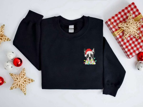 Embroidered Christmas Dog Sweatshirt, Boston Terrier Dog Christmas Sweater For Family