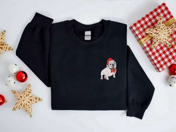 Embroidered Christmas Dog Sweatshirt, Bulldog Christmas SweaterChristmas   Sweatshirt