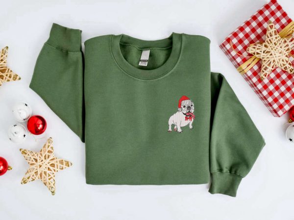 Embroidered Christmas Dog Sweatshirt, Bulldog Christmas SweaterChristmas   Sweatshirt