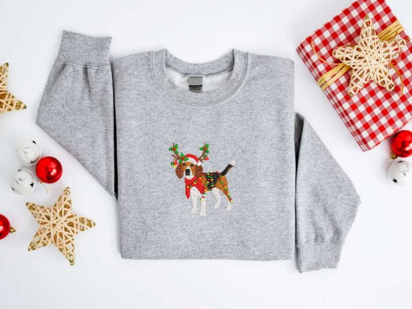 Embroidered Christmas Dog Sweatshirt, Beagle Dog Christmas Sweatshirt For Family