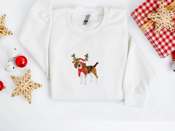 Embroidered Christmas Dog Sweatshirt, Beagle Dog Christmas Sweatshirt For Family