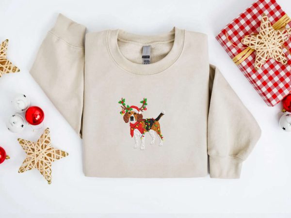 Embroidered Christmas Dog Sweatshirt, Beagle Dog Christmas Sweatshirt For Family