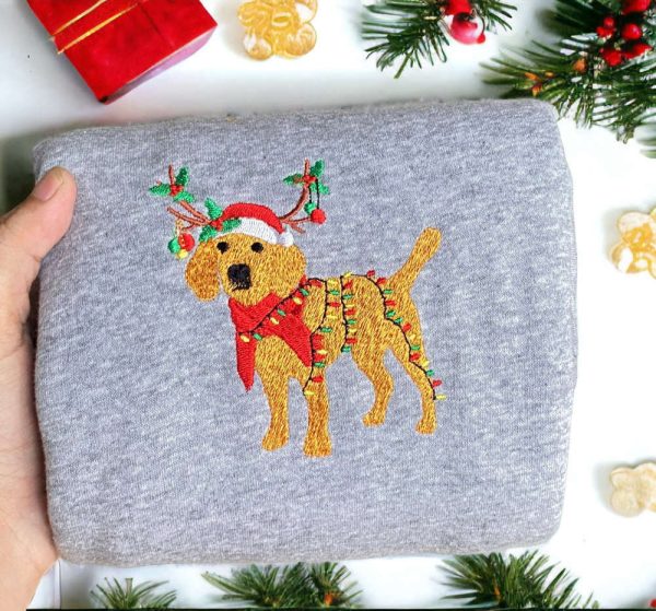 Embroidered Christmas Dog Sweatshirt, Beagle Reindeer Santa Dog Sweater For Family