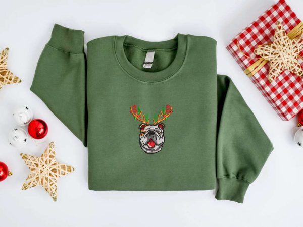 Embroidered Christmas Dog   Sweatshirt, Bulldog Christmas  Sweatshirt  Christmas Sweatshirt