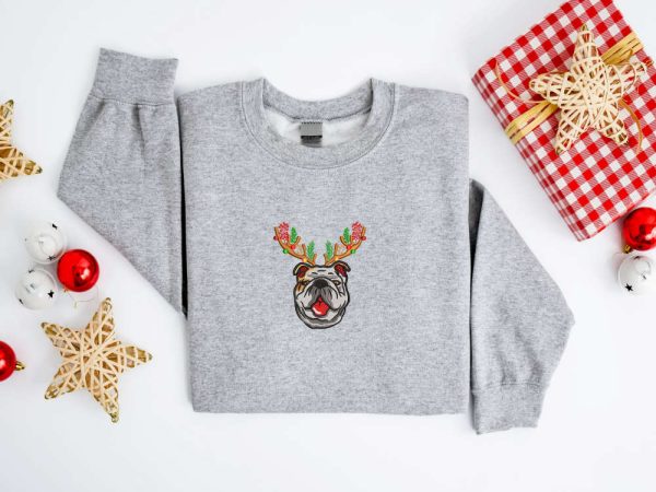 Embroidered Christmas Dog   Sweatshirt, Bulldog Christmas  Sweatshirt  Christmas Sweatshirt