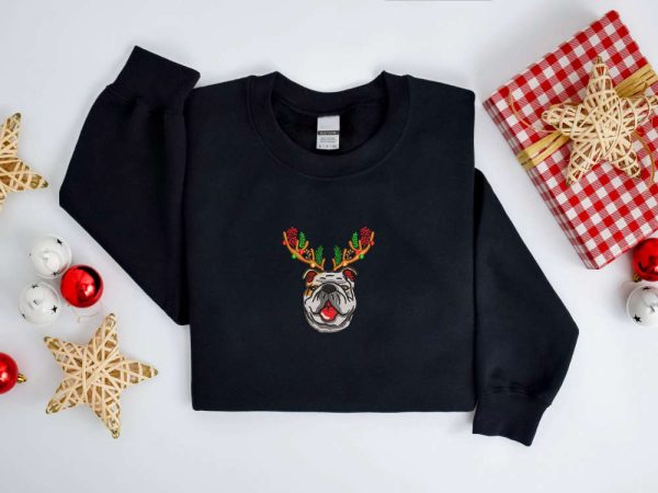 Embroidered Christmas Dog   Sweatshirt, Bulldog Christmas  Sweatshirt  Christmas Sweatshirt