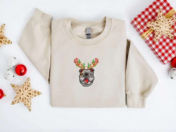 Embroidered Christmas Dog   Sweatshirt, Bulldog Christmas  Sweatshirt  Christmas Sweatshirt