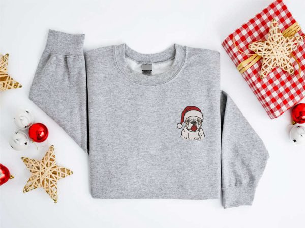 Embroidered Christmas Dog Sweatshirt, Bulldog Santa Sweatshirt For Family