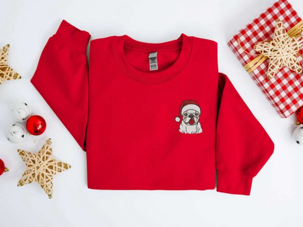 Embroidered Christmas Dog Sweatshirt, Bulldog Santa Sweatshirt For Family