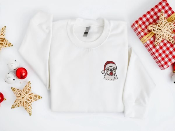 Embroidered Christmas Dog Sweatshirt, Bulldog Santa Sweatshirt For Family