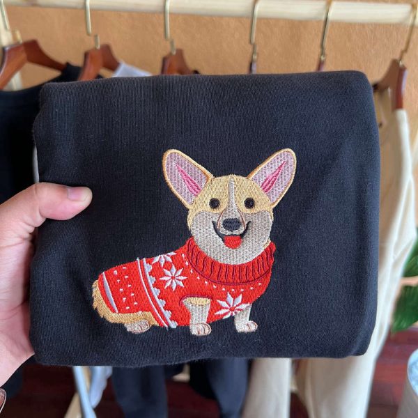 Embroidered Christmas Dog Sweatshirt Embroidered Corgi Dog Christmas Sweater For Family