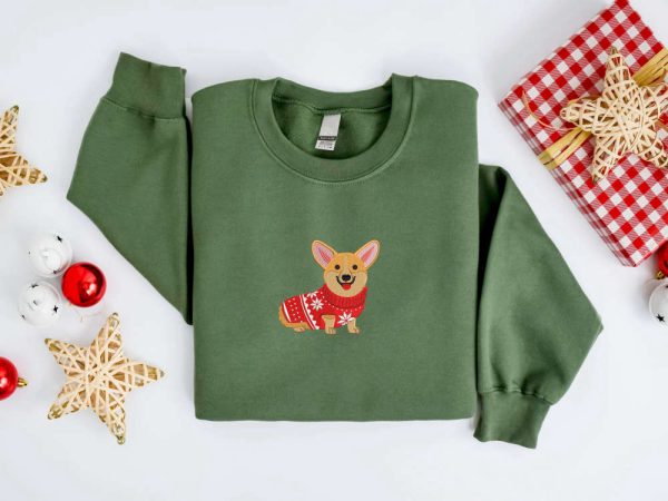 Embroidered Christmas Dog  Sweatshirt, Corgi Dog Christmas Sweatshirt For Family