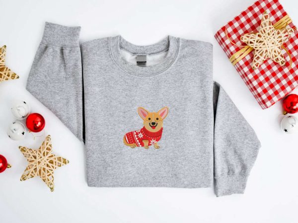 Embroidered Christmas Dog  Sweatshirt, Corgi Dog Christmas Sweatshirt For Family