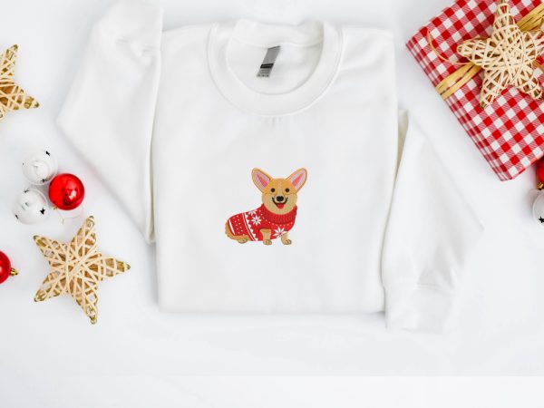 Embroidered Christmas Dog  Sweatshirt, Corgi Dog Christmas Sweatshirt For Family