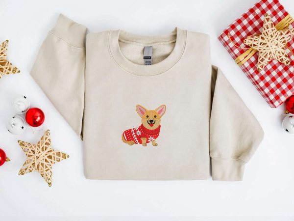 Embroidered Christmas Dog  Sweatshirt, Corgi Dog Christmas Sweatshirt For Family