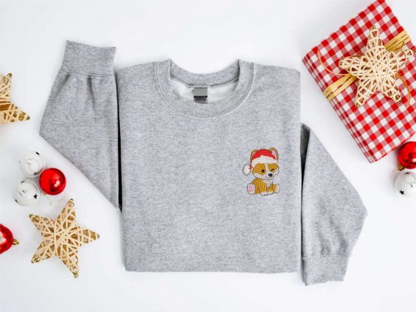 Embroidered Christmas Dog Sweatshirt, Corgi Santa Dog Sweater For Family