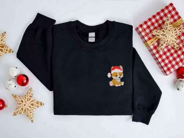 Embroidered Christmas Dog Sweatshirt, Corgi Santa Dog Sweater For Family