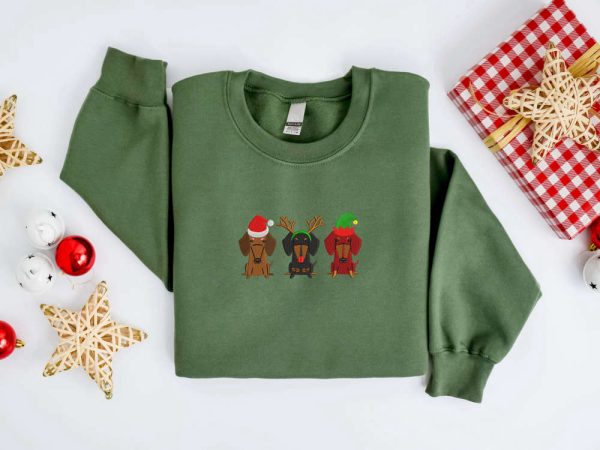 Embroidered Christmas Dog Sweatshirt, Dachshund Dog Sweatshirt For Family