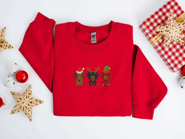 Embroidered Christmas Dog Sweatshirt, Dachshund Dog Sweatshirt For Family