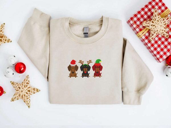 Embroidered Christmas Dog Sweatshirt, Dachshund Dog Sweatshirt For Family