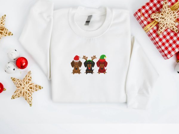 Embroidered Christmas Dog Sweatshirt, Dachshund Dog Sweatshirt For Family