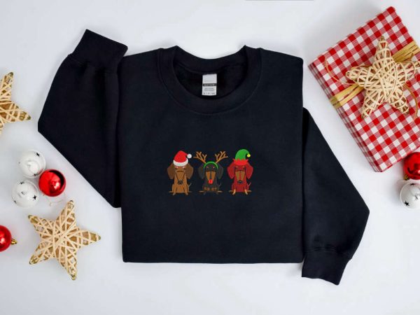 Embroidered Christmas Dog Sweatshirt, Dachshund Dog Sweatshirt For Family