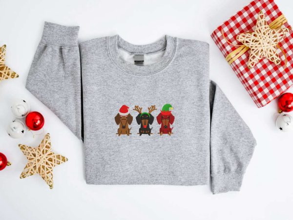 Embroidered Christmas Dog Sweatshirt, Dachshund Dog Sweatshirt For Family