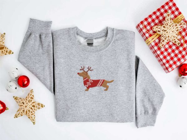 Embroidered Christmas Dog Sweatshirt Embroidered Dachshund Reindeer Dog weater For Family