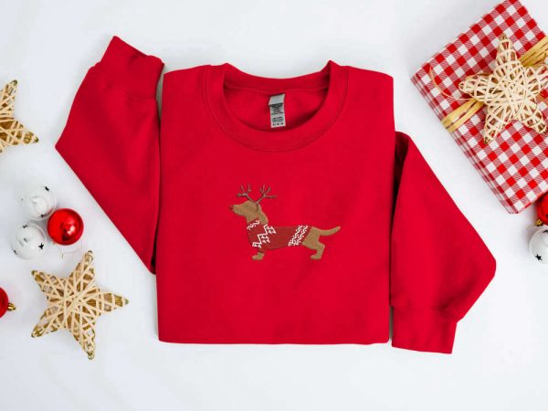 Embroidered Christmas Dog Sweatshirt Embroidered Dachshund Reindeer Dog weater For Family