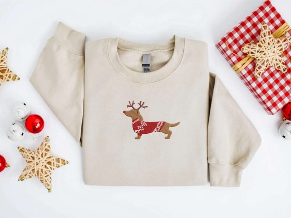 Embroidered Christmas Dog Sweatshirt Embroidered Dachshund Reindeer Dog weater For Family