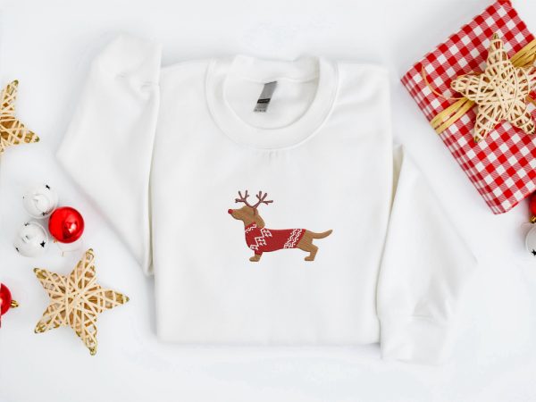 Embroidered Christmas Dog Sweatshirt Embroidered Dachshund Reindeer Dog weater For Family