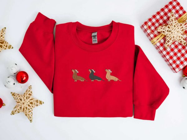 Embroidered Christmas Dog Sweatshirt, Dachshund Santa Dog Sweatshirt For Family