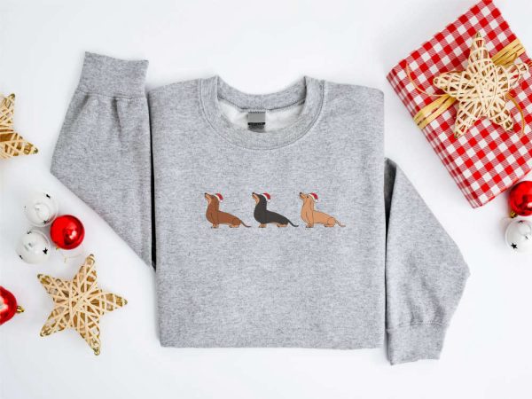 Embroidered Christmas Dog Sweatshirt, Dachshund Santa Dog Sweatshirt For Family