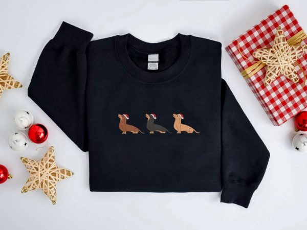 Embroidered Christmas Dog Sweatshirt, Dachshund Santa Dog Sweatshirt For Family